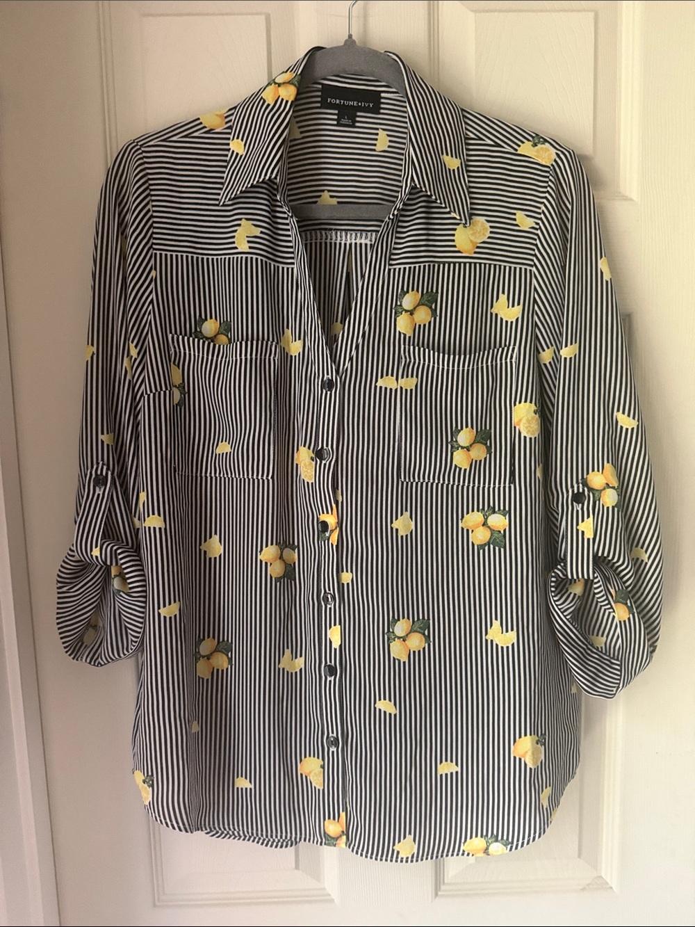 Fortune&Fey Black and White Striped Button-Down Shirt with Yellow Lemon Print